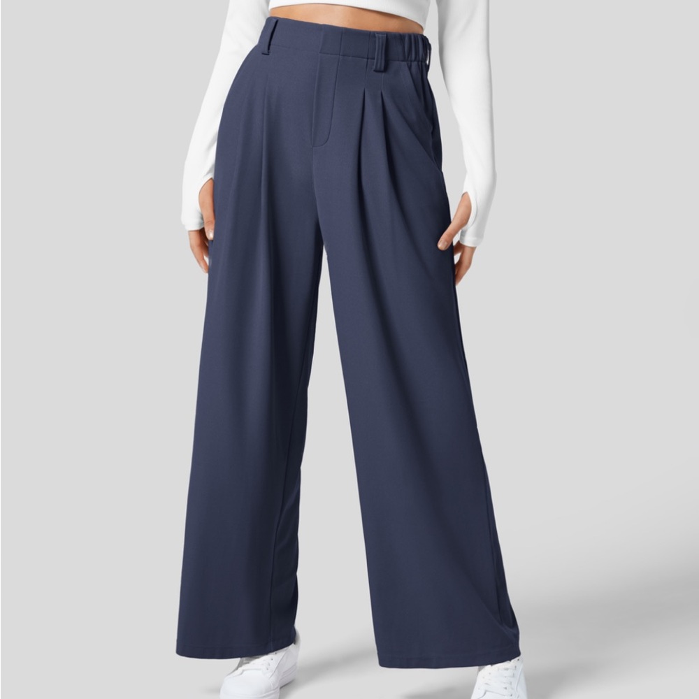 High Waisted Plicated Side Pocket Wide Leg Waffle Work Pants | Halara